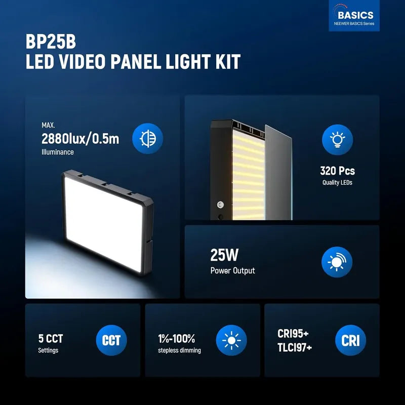 Panel De Video Led Neewer Bp25b Kit De Iluminación 25w Bcv Negro Blanco Cálido