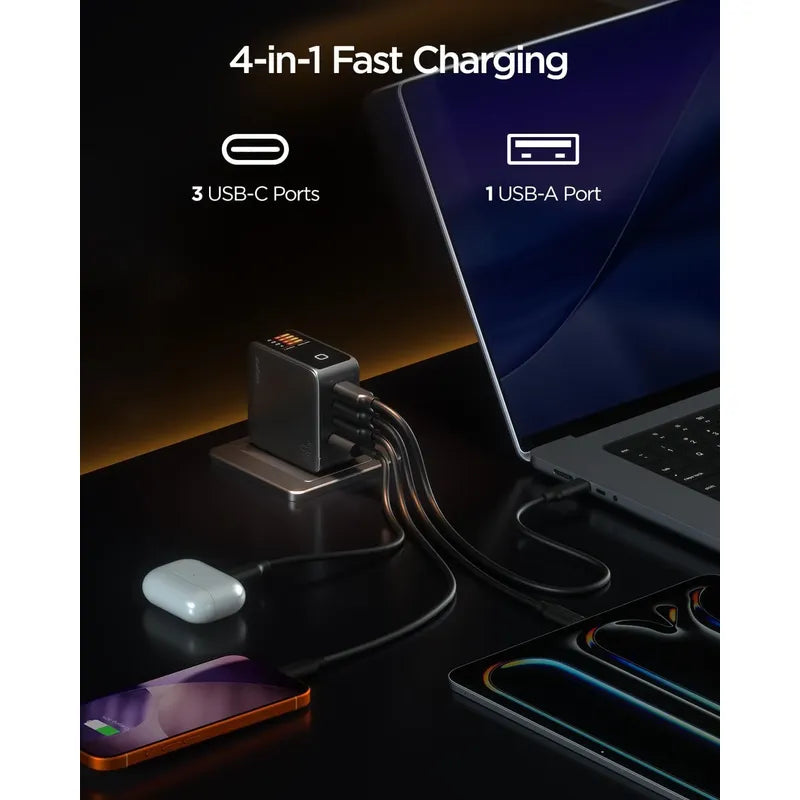 Cargador 140w Gan Usb C 4port Pd3.1 Fast Con Pantalla Tactil Negro