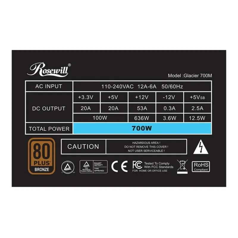 Fuente Rosewill Glacier 700w Semi-modular 80plus Bronze Cert Negro