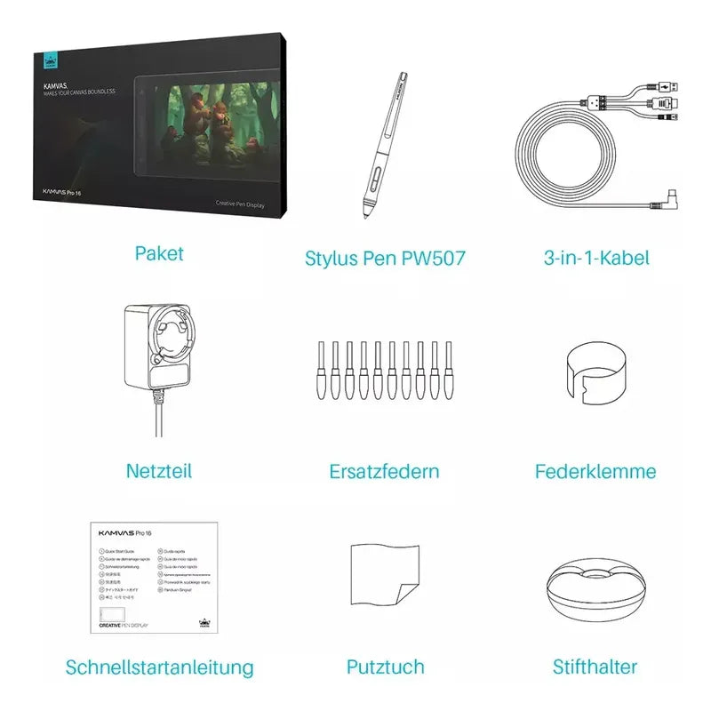 Tablet Gráfica Huion Kamvas Pro 16 Vidrio Ag + Lapiz Negro