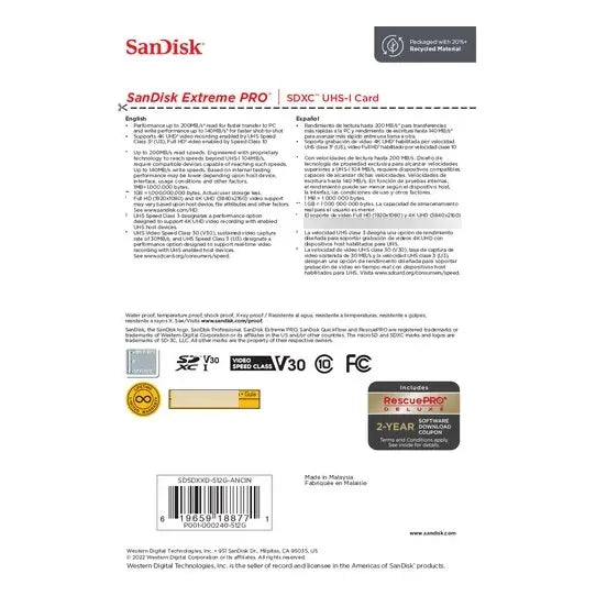 Memoria Sandisk Extreme Pro 512gb Sdxc Uhs-i Card
