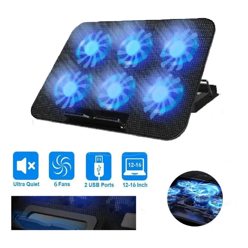 Base De Refrigeración Laptop Ventilador 6 Fan Blue Led Negro Azul