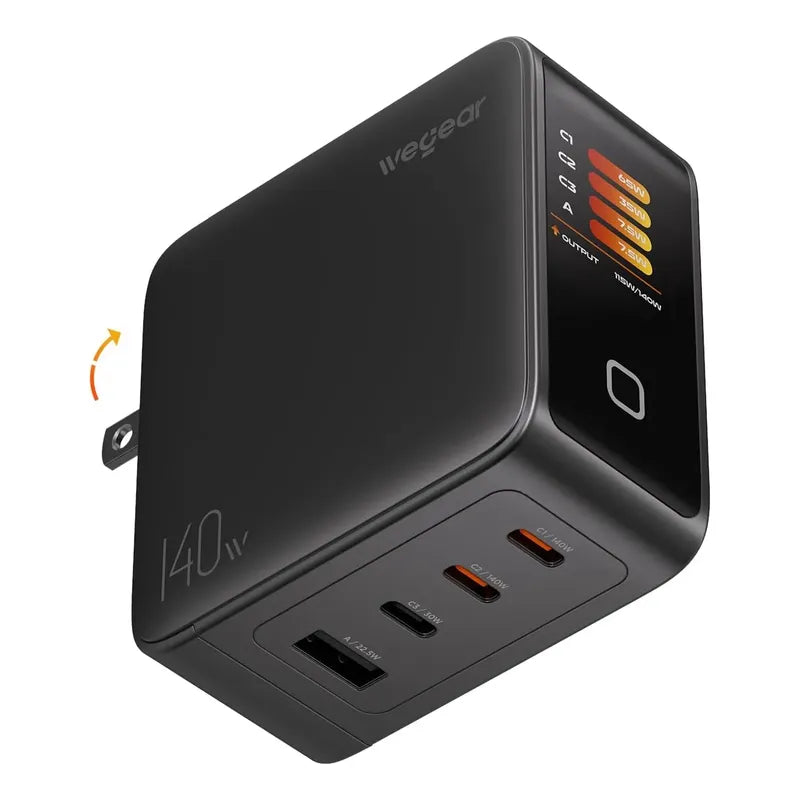 Cargador 140w Gan Usb C 4port Pd3.1 Fast Con Pantalla Tactil Negro