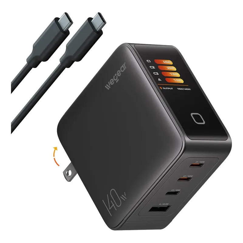 Cargador 140w Gan Usb C 4port Pd3.1 Fast Con Pantalla Tactil Negro