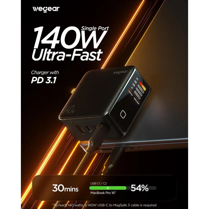 Cargador 140w Gan Usb C 4port Pd3.1 Fast Con Pantalla Tactil Negro