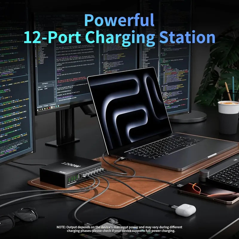 Estación De Carga Rápida Usb Tipo C 1200w 12 Puertos, Negro