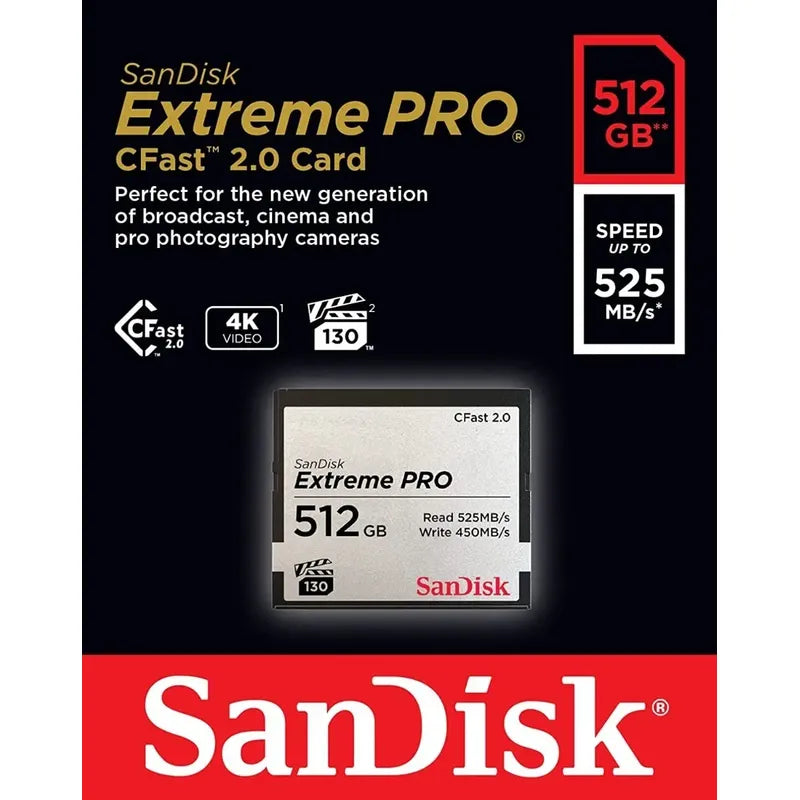 Memoria Sandisk Extreme Pro 512gb Cfast 2.0, 525 Mb/s 4k