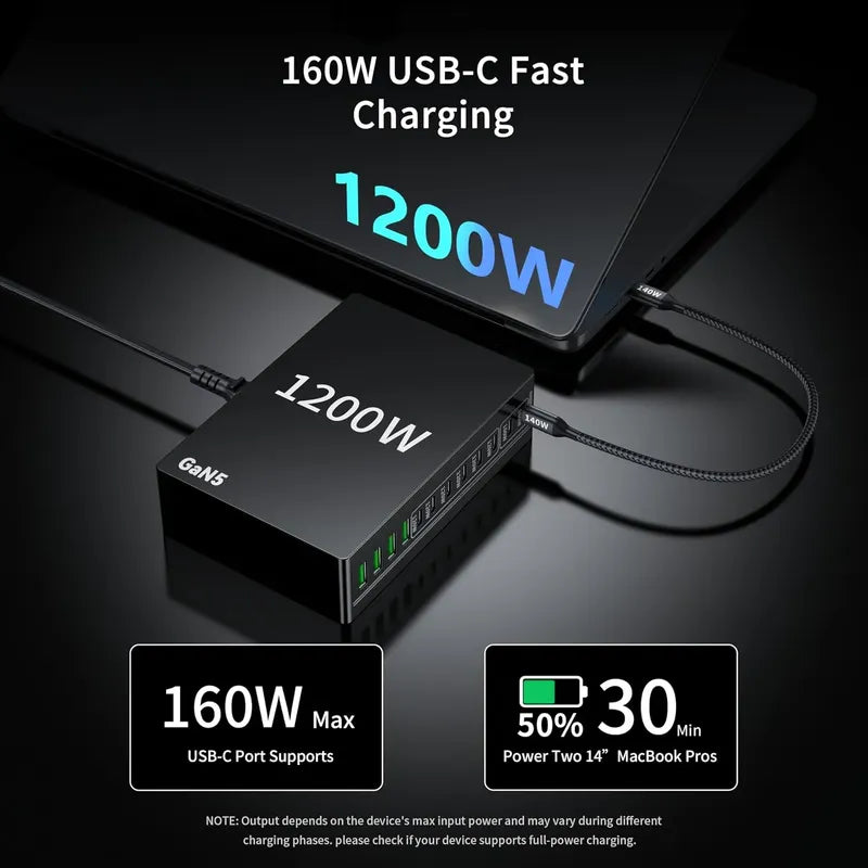 Estación De Carga Rápida Usb Tipo C 1200w 12 Puertos, Negro