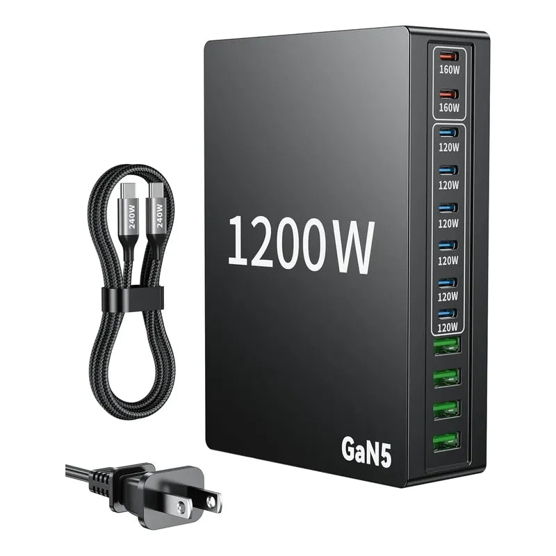 Estación De Carga Rápida Usb Tipo C 1200w 12 Puertos, Negro