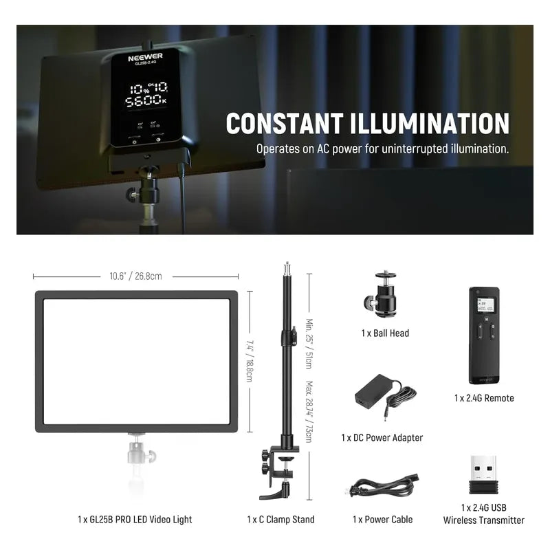 Neewer 25w 12.9 Luz Con Soporte Control 2.4g 2900-7000k Negro