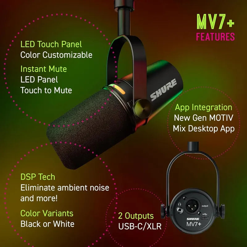 Micrófono Shure Mv7+ Dinámico Podcast Xlr/usb C/bcv