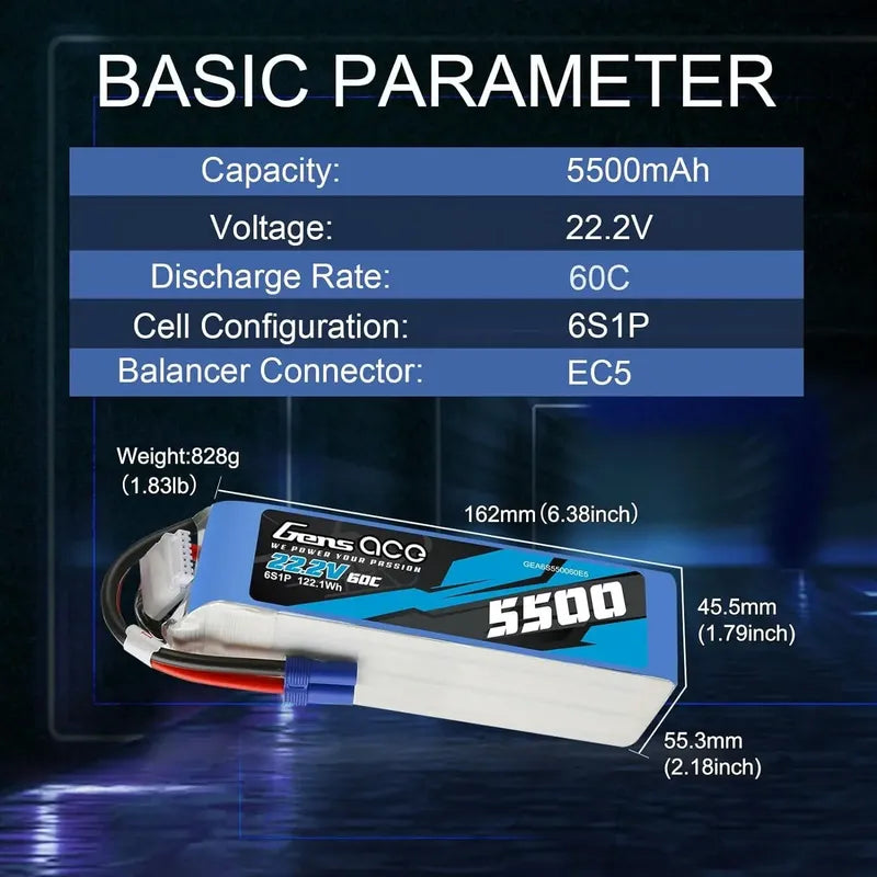 Gens Ace 6s Bateria Lipo 5500mah 22.2v 6s1p 60c Con Enchufe