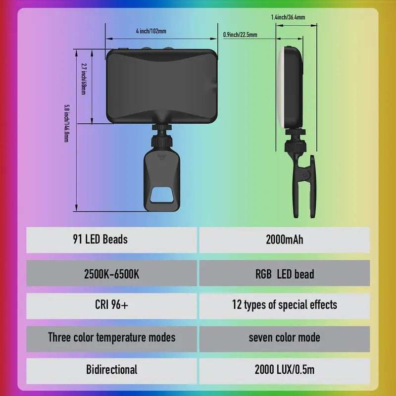 Luz Led Selfie Portátil Clip Y Zapata Recargable 2000mah Rgb