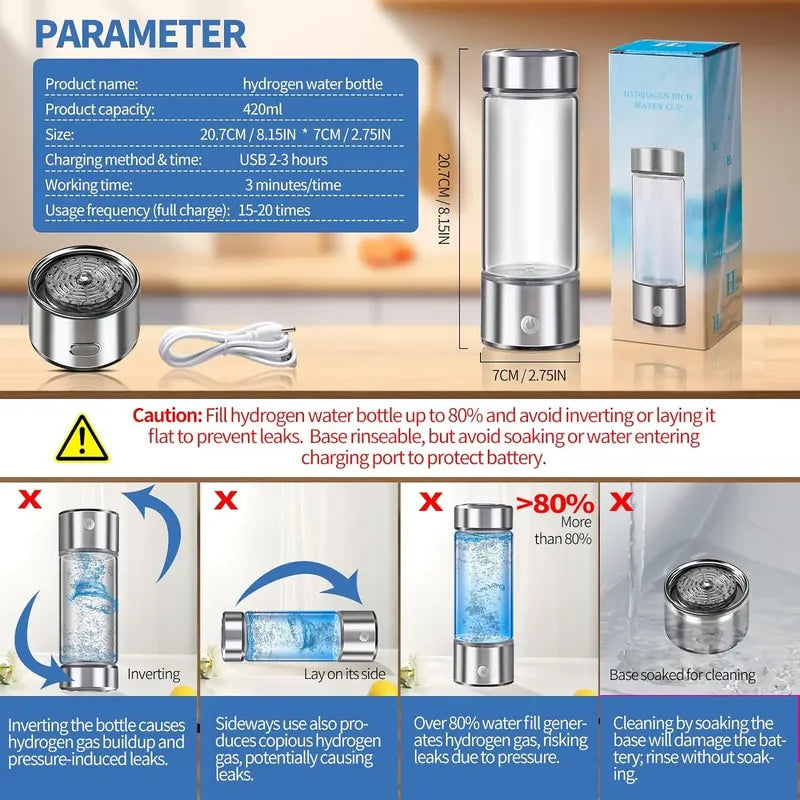 Botella De Agua D Hidrógeno Portátil Aquadaily Anti-oxidante Plateado