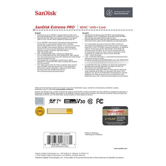 Memoria Sandisk Extreme Pro 512gb Sdxc Uhs-i Card
