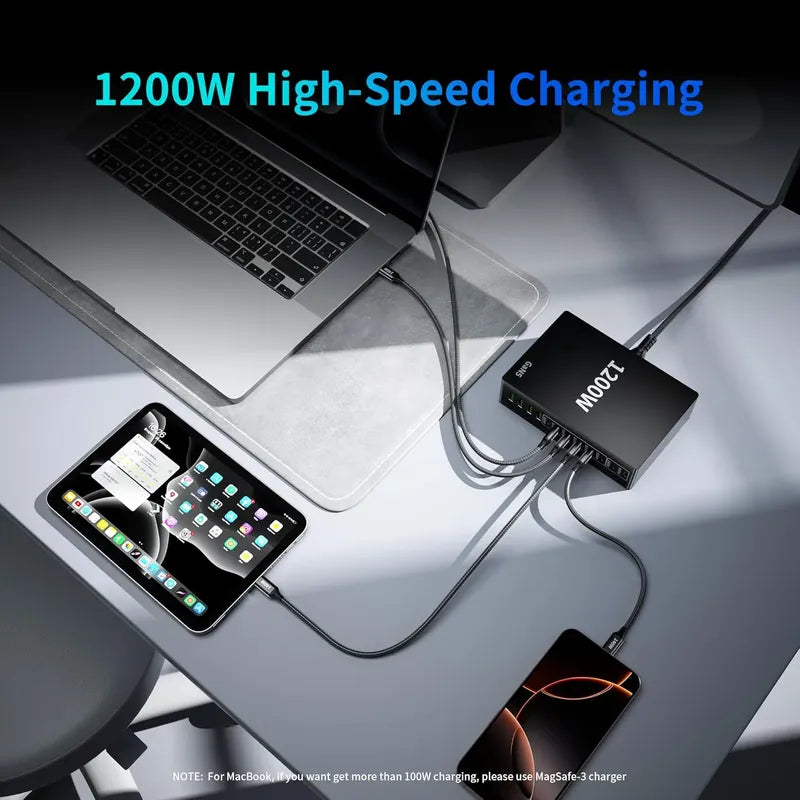 Estación De Carga Rápida Usb Tipo C 1200w 12 Puertos, Negro