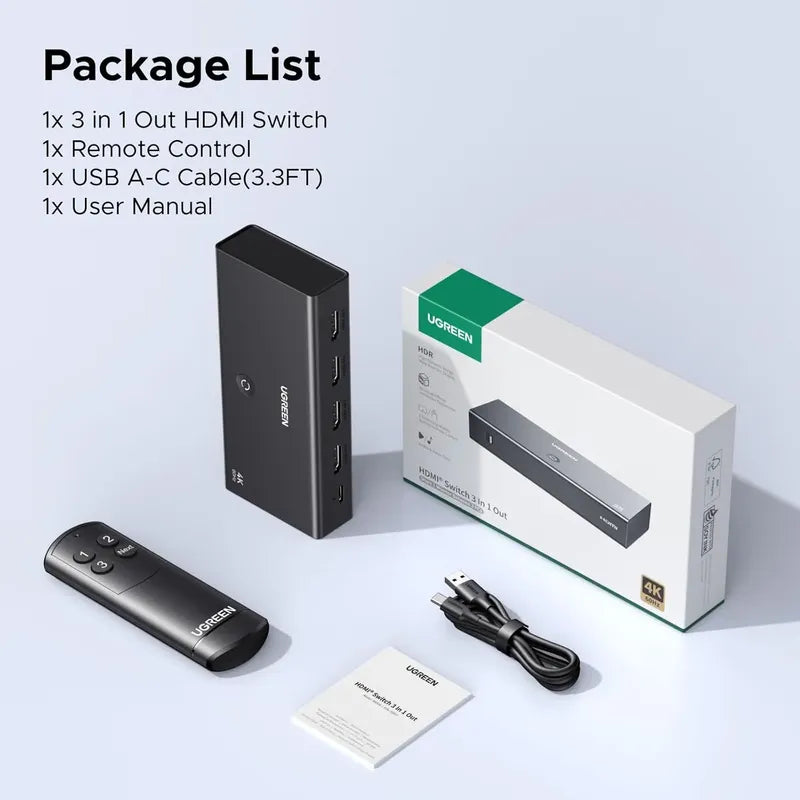 Ugreen Hdmi Switch 3 In 1 Out, 4k@60hz, Hdr10+, 3d, Dolby