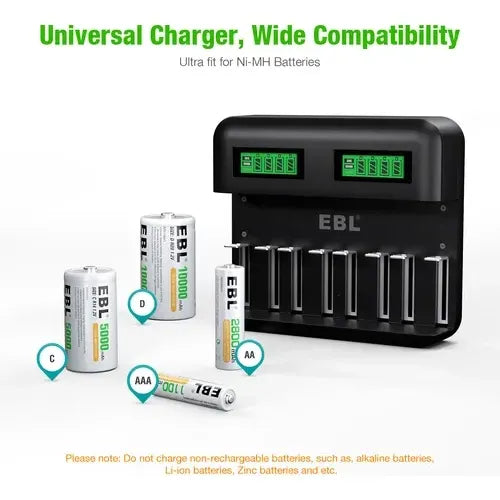 Cargador Baterias Rechargeable Ebl 8-slot Lcd Usb Aa Aaa C D