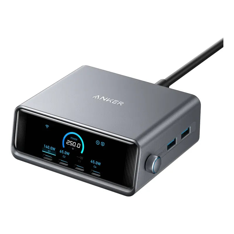 Cargador Anker Usbc Gan 250w, 6 Puertos Y Pantalla Lcd A2345 Plateado