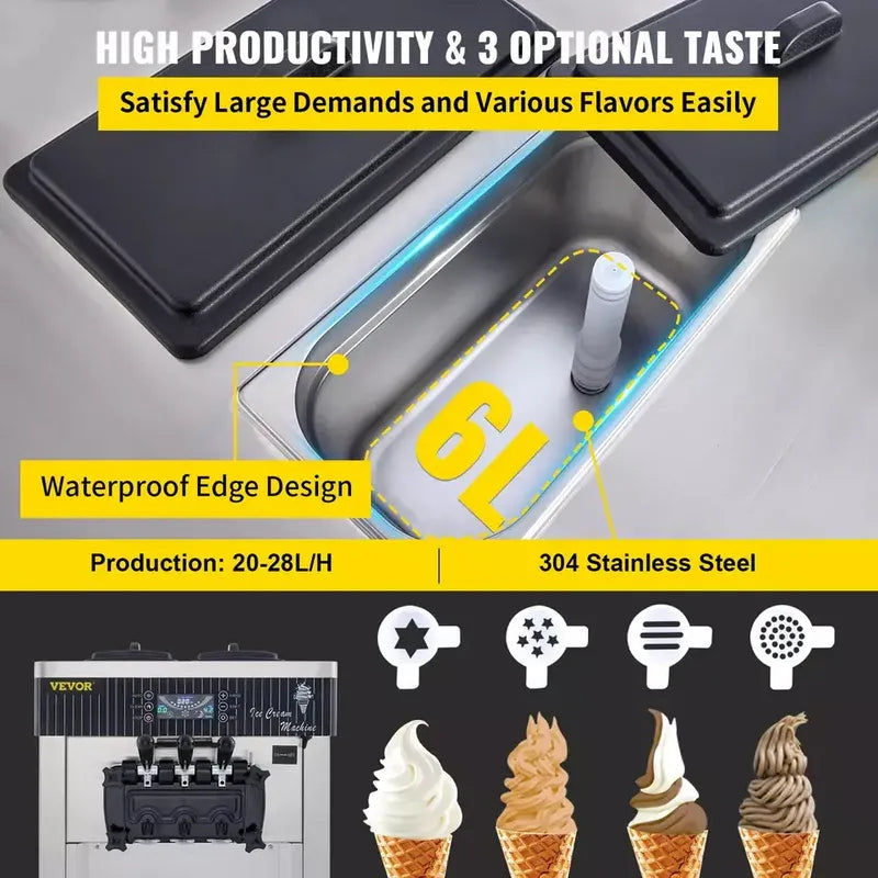 Máquina Helados Por Porción Vevor 3 Sabores 2200w 20-28 L/h