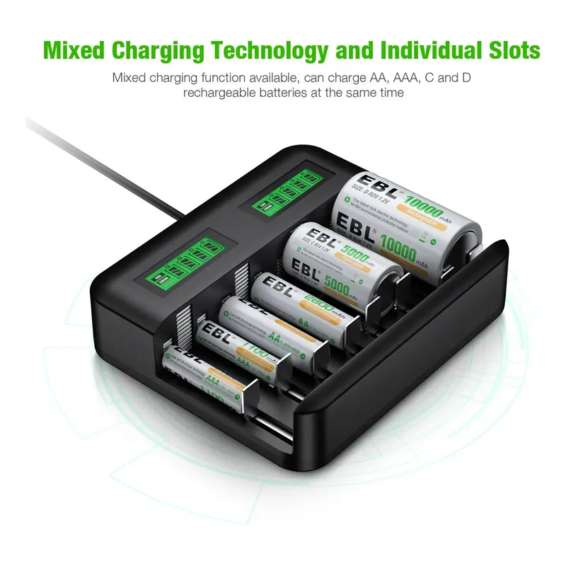Cargador Baterias Rechargeable Ebl 8-slot Lcd Usb Aa Aaa C D
