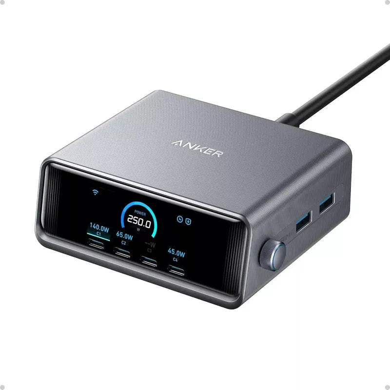 Cargador Anker Usbc Gan 250w, 6 Puertos Y Pantalla Lcd A2345 Plateado