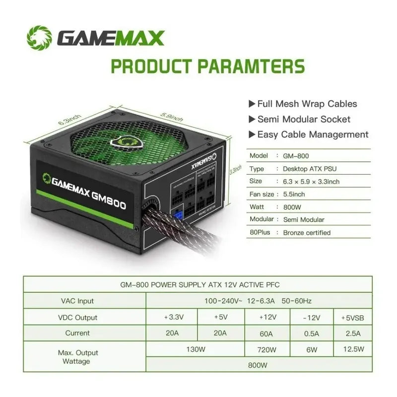 Fuente De Poder Gamemax 800w 80+ Bronze Semi Modular Gm-800